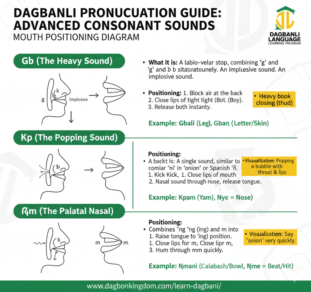  Learn Dagbanli pronunciation with mouth positioning diagrams